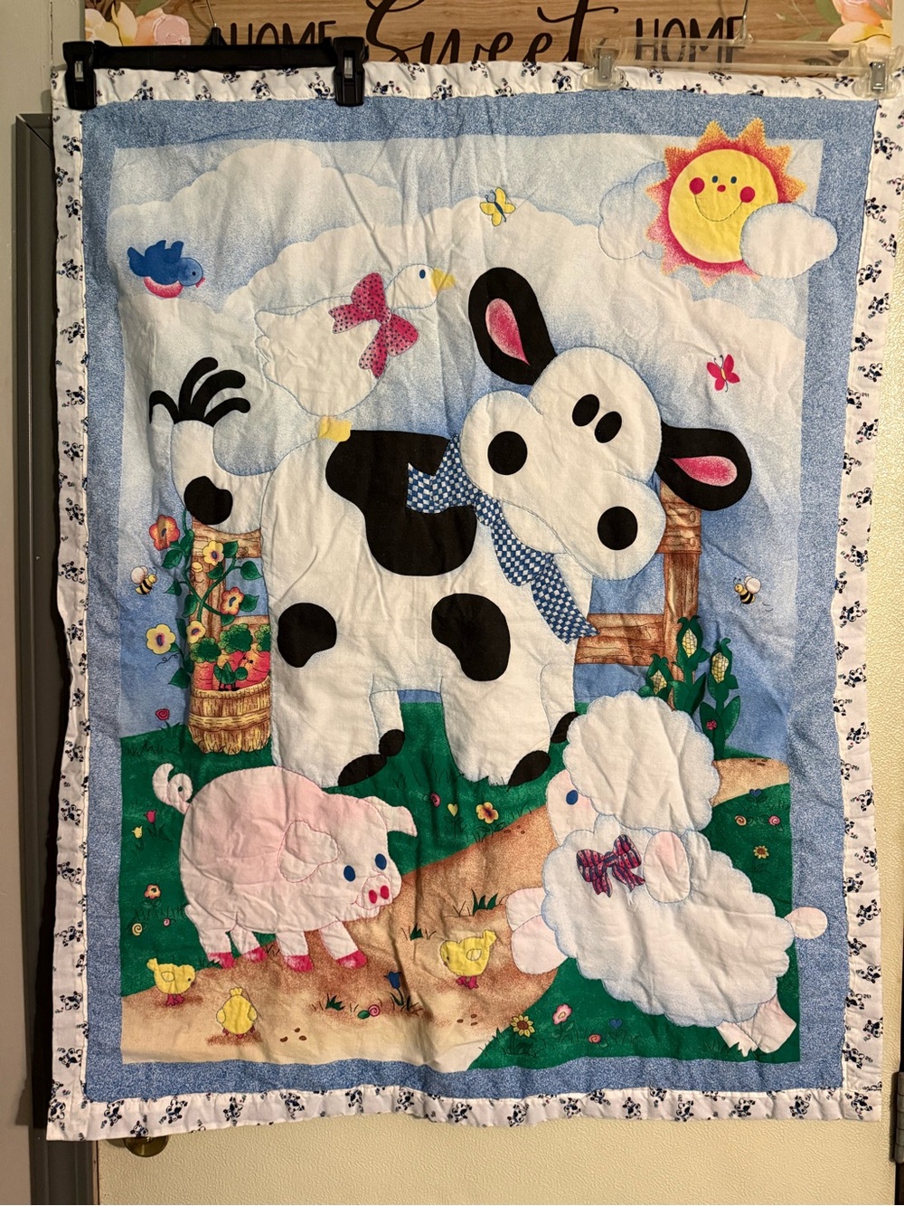 Playful Farm Animal baby Quilt - Blue, White, Pink